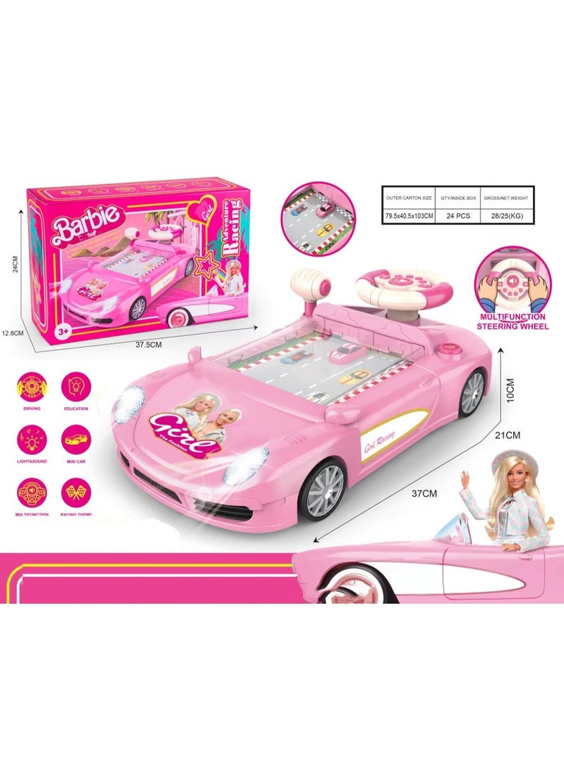 REZZOSS Racing Car Toy for Girls Barbie Adventure Theme – Pink Simulated Driving Dashboard with Steering Wheel & Scrolling Screen | Musical Sensory Activity Center with LED Headlights & Sound | Princess Electric Vehicle Playset Gift for Kids 3+ Years - Image 3